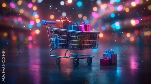 Fototapeta Futuristic Digital 3D Shopping Cart Surrounded by Floating Colorful Gift Boxes and Neon Lights