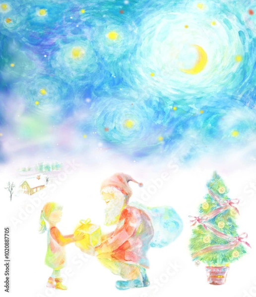 Obraz プレゼントを渡すサンタクロースと子供