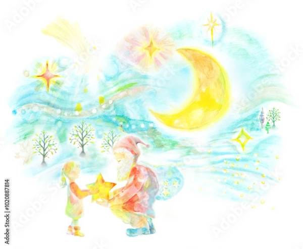 Obraz プレゼントを渡すサンタクロースと子供