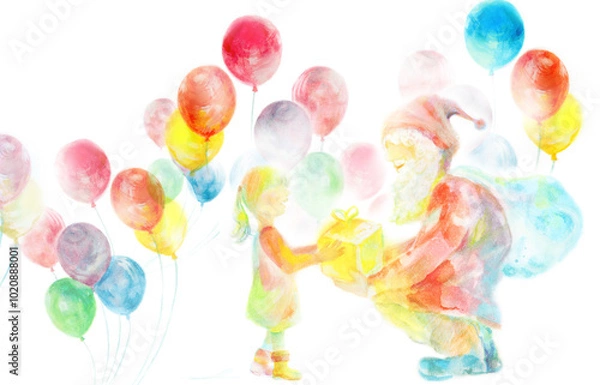 Obraz プレゼントを渡すサンタクロースと子供