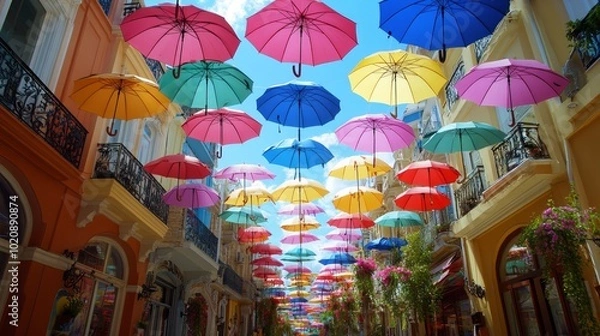 Fototapeta Colorful umbrellas hanging over a street in a city, creating a cheerful atmosphere.
