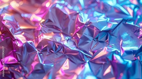 Fototapeta Close-up of Iridescent Crumpled Foil with Pink and Blue Lighting