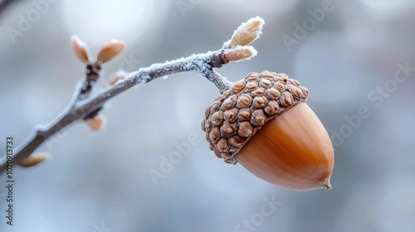 Fototapeta Close-up photo of an oak tree cone on a branch, with a winter background, macro photography
