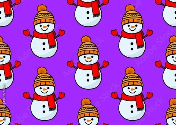Fototapeta Winter pattern with a snowman on a purple background. Set with a snowman. Snowman in a hat and scarf.