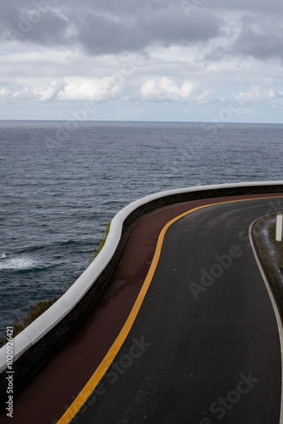 Obraz Winding road by the ocean, dramatic cliffs, stormy sky.