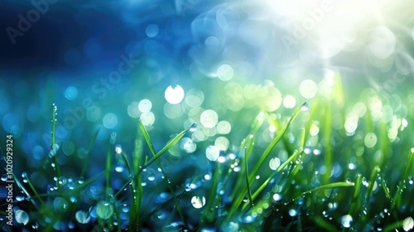 Obraz Grass. Fresh green spring grass with dew drops closeup. Sun. Soft Focus. Abstract Nature Background