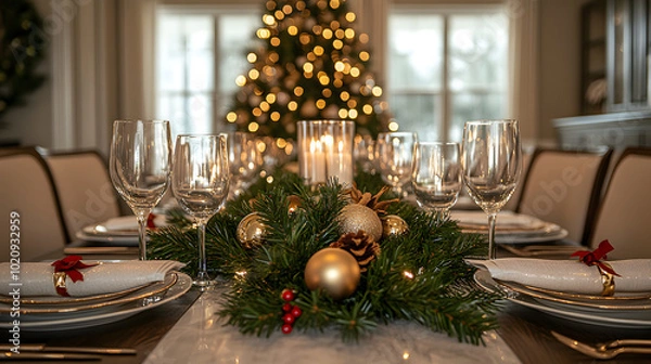 Fototapeta Elegant holiday dinner table setting with a Christmas tree and festive decorations at home