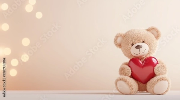 Fototapeta Happy teddy bear hugging a heart, soft glow background, 3D illustration