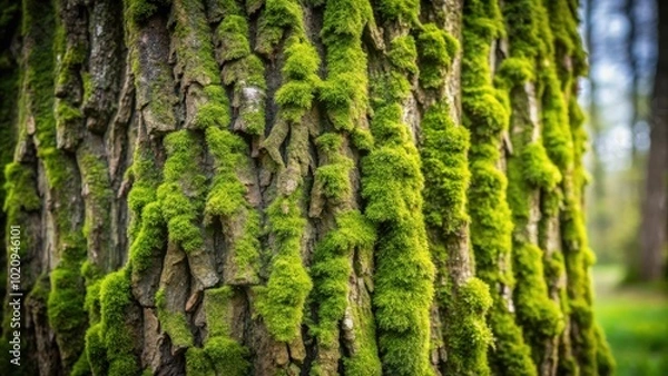 Fototapeta A Close-Up View of a Tree Trunk Covered in Lush Green Moss, A Natural Textured Background