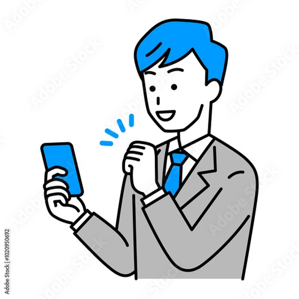 Fototapeta スマートフォンの画面を見ながらガッツポーズをするスーツの男性