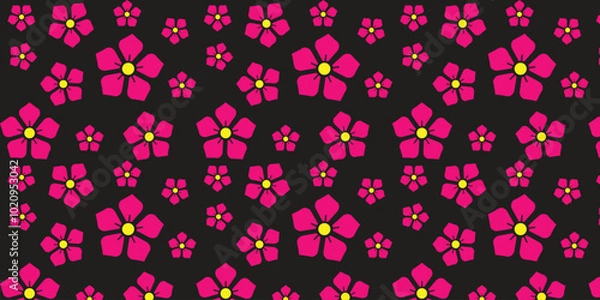 Obraz Cute and cool pattern with cherry blossom motif with 5 pink petals on a black background