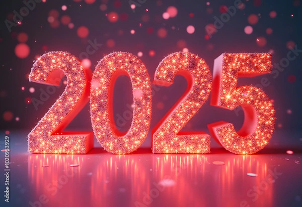 Fototapeta Glowing numbers 2025 crafted from shimmering pink lights, creating a magical and festive atmosphere for celebrating the new year
