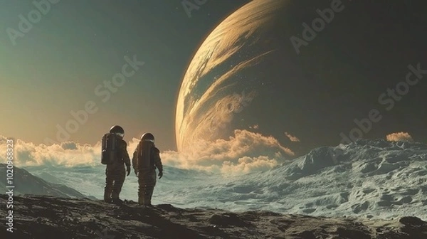 Fototapeta Futuristic astronauts exploring a distant moon with a gas giant looming overhea