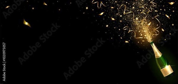 Obraz Congratulatory Horizontal Banner with Champagne and Golden Confetti