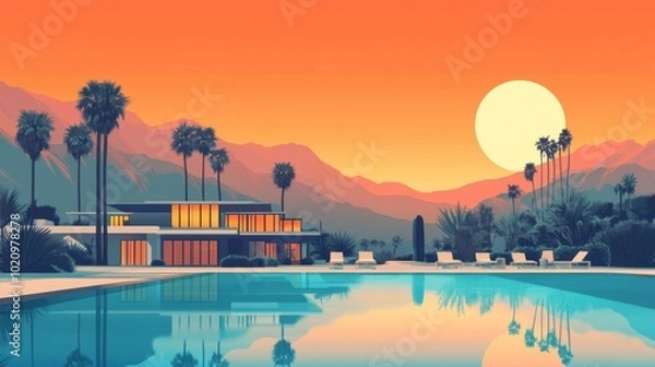 Fototapeta Flat Illustration of Palm Springs with Retro Architecture and Desert Landscape

