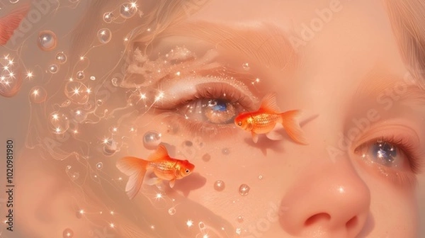 Obraz A beautiful model underwater with long white lashes and golden fish hair