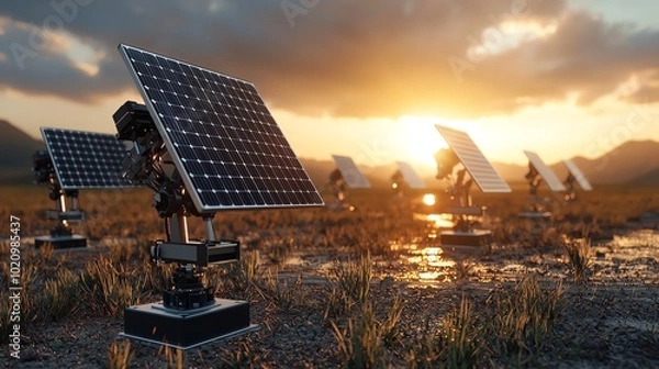 Obraz Solar tracking systems, automated panels following the sun, 3D illustration