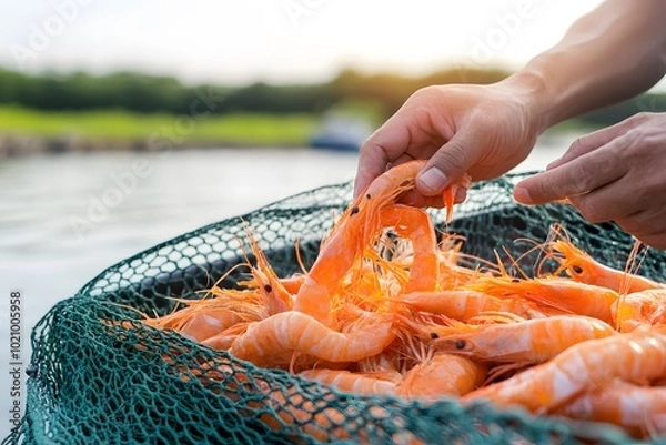 Fototapeta A fisherman's hand reaches into a net full of fresh, pink shrimp,  caught from the sea.