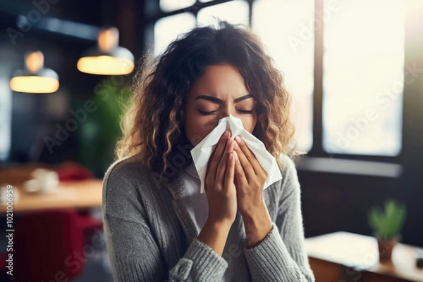 Obraz Healthcare Concept: Young Woman with Cold Blowing Nose