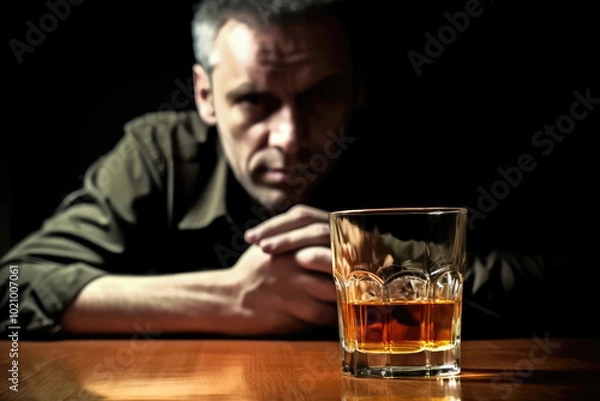 Obraz Adult Man Confronts Alcoholism with Contemplation