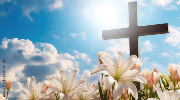 Obraz Eternal Hope: Wooden Cross and White Lilies Under Blue Sky