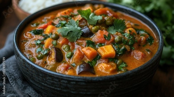 Obraz A bowl of creamy coconut curry filled with vegetables like eggplant, sweet potatoes, and green beans, served with jasmine rice and cilantro garnish