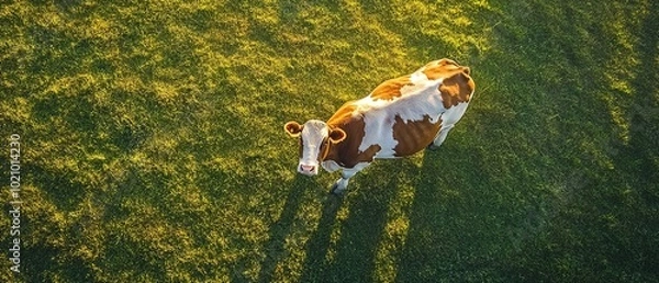 Fototapeta A cow standing on the grassy field, aerial view, sunny day, top-down perspective.