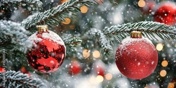 Fototapeta Christmas new year holidays tree decoration ornaments with red baubles on fir branches and snowy backdrop. winter festive season ornaments  background. template banner for design, copy space for text