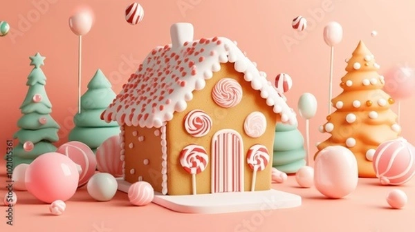 Fototapeta Gingerbread house and candy decorations flat design side view cozy home theme 3D render Split