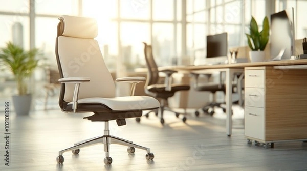 Obraz A high-tech [office chair] with ergonomic design, black leather with chrome finish, Picture taken by camera 35mm+ lens