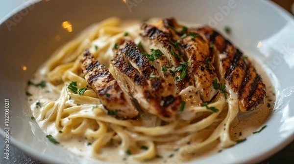 Obraz Delicious grilled chicken alfredo pasta garnished with fresh herbs in a white bowl.