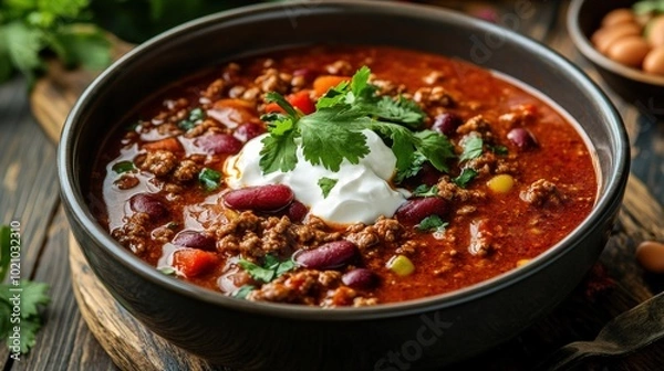 Fototapeta A hearty bowl of chili con carne topped with sour cream and cilantro, offering a burst of flavors and vibrant colors.