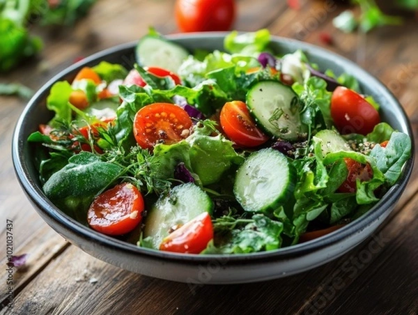 Obraz Fresh and vibrant garden salad with crisp vegetables in a rustic bowl on a wooden table.