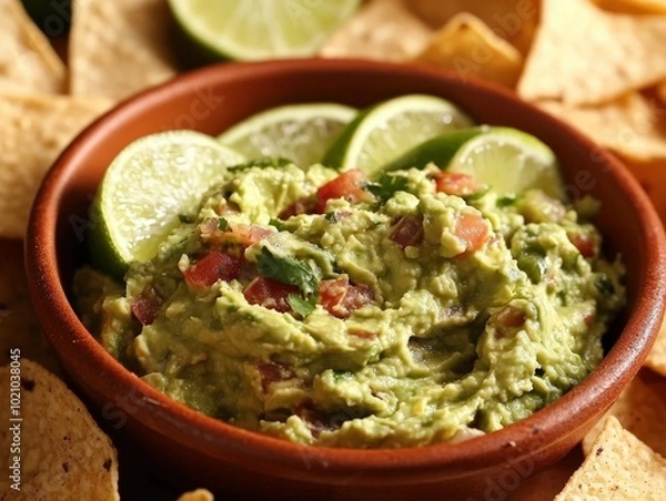Obraz Delicious guacamole in a rustic bowl with lime slices and tortilla chips.
