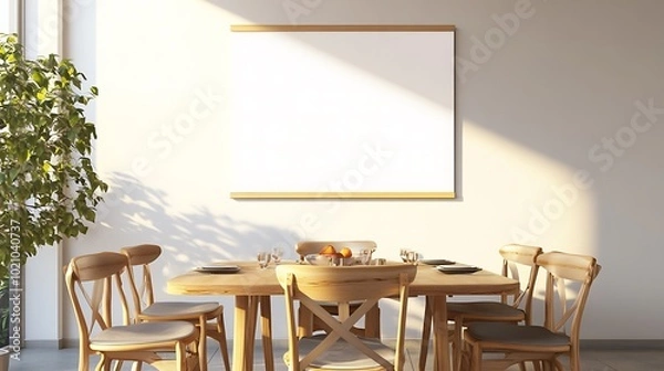 Fototapeta A minimalist dining room with a blank canvas, wooden chairs, and a table