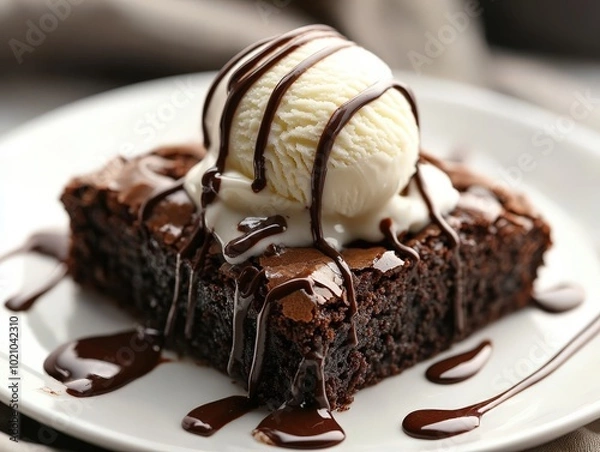 Obraz Decadent chocolate brownie topped with creamy vanilla ice cream and rich chocolate drizzle.