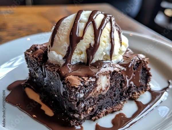 Obraz Decadent chocolate brownie topped with vanilla ice cream and rich chocolate drizzle.
