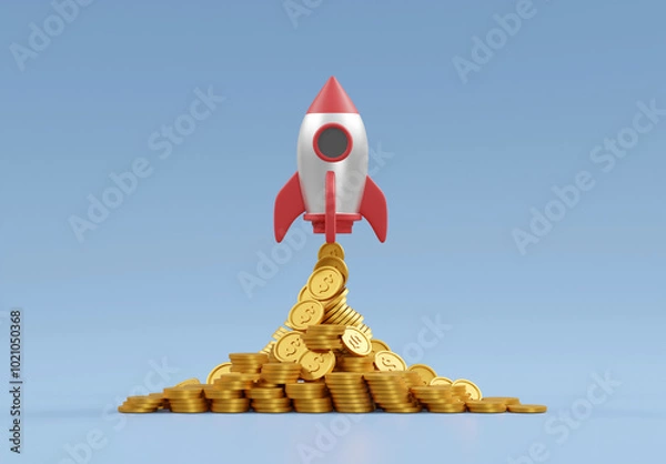 Fototapeta 3D rendered illustration of a rocket icon being launched atop a pyramid-shaped pile of coins. It is a symbol of reaching the pinnacle of financial success. accumulation of wealth and strategic growth