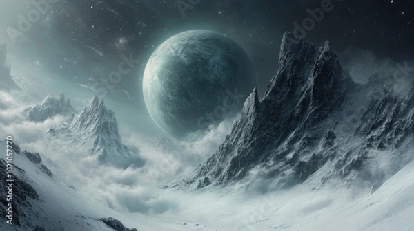 Fototapeta Mysterious icy landscape with towering peaks under a distant planet.