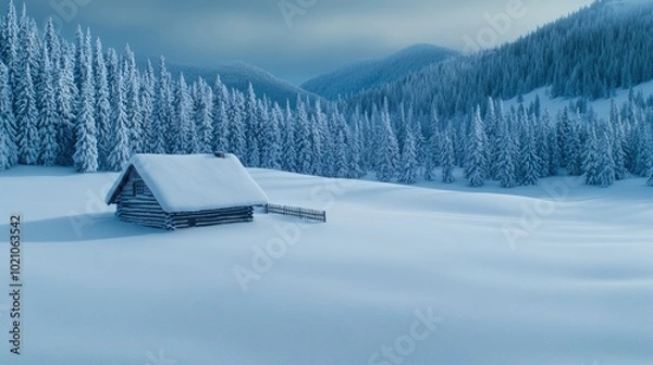 Obraz The quaint log cabin stands silently under a thick layer of snow, framed by a rustic wooden fence and surrounded by towering pine trees on a winter day