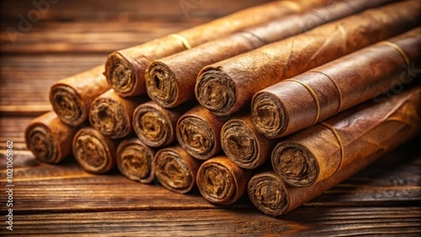Fototapeta Stacked Rolled Tobacco Leaves on Rustic Wooden Surface