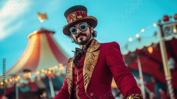 Fototapeta A charming ringmaster in a vibrant costume and unique glasses stands confidently in front of a circus tent under a blue sky.