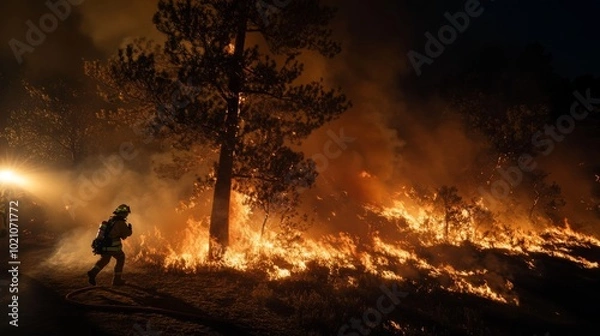 Fototapeta A firefighter battles a raging wildfire at night, illuminated by flames and smoke. The intense scene showcases the bravery and urgency of firefighting efforts.