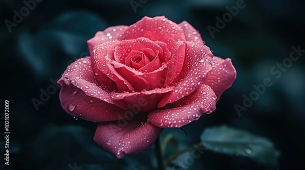 Fototapeta Close-up of a vibrant pink rose with dewdrops on petals against a dark, moody background.