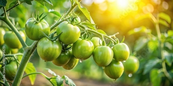 Fototapeta Unripe Green Tomatoes on a Vine with Sunbeams Shining Through the Foliage