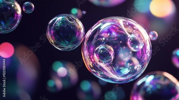 Fototapeta Colorful soap bubbles floating against a dark background, creating swirling reflections and vibrant light reflections