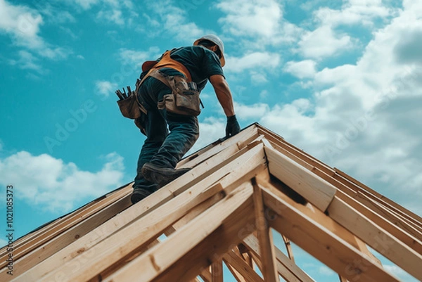 Obraz Roofer Carpenter Working on Roof Structure at Construction Site Residential Roofing Building Process