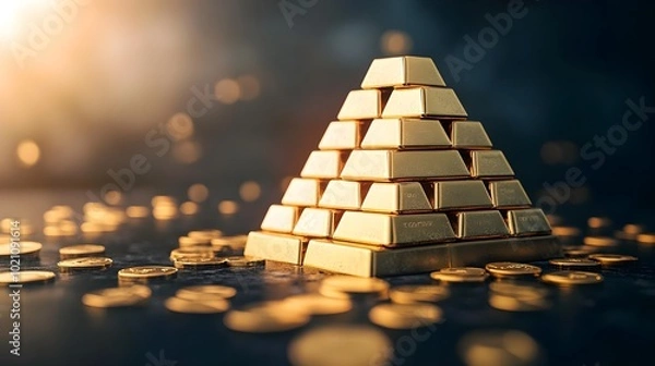 Fototapeta Surreal Stack of Gold Bars on Dark Surface