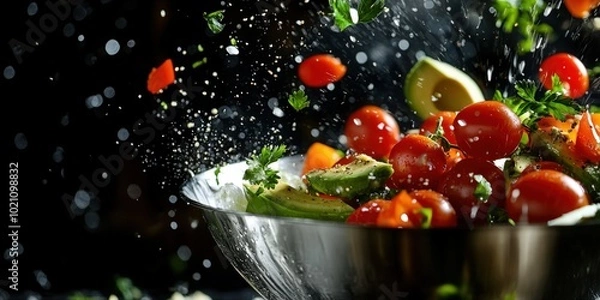 Fototapeta A vibrant salad with cherry tomatoes, avocado, and herbs tossed in mid-air, capturing a sense of freshness and dynamism.
