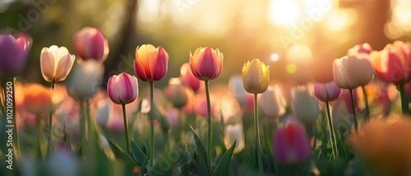 Fototapeta Vibrant tulips bask in the warm glow of a golden sunset in a serene garden.